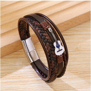 Men's Fashion Guitar Design Braided Synthetic Leather Bracelet, 8.46"